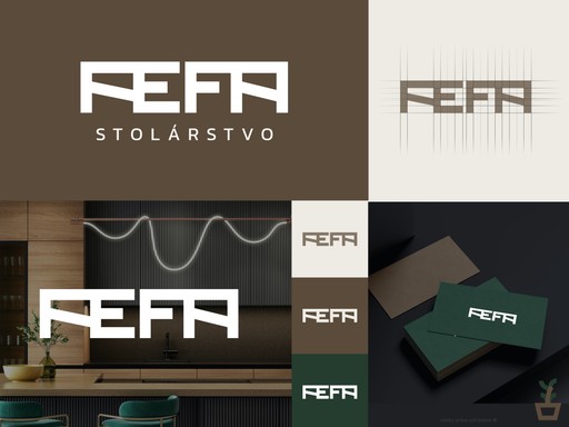 Grafický návrh loga a vizuálnej identity stolárskej firmy s názvom “REFA”. Logo zobrazené v rôznych variantoch na tmavom a svetlom pozadí, doplnené o ukážky aplikácií na vizitkách a iných materiáloch.