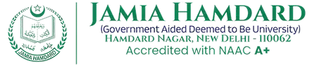 The image shows the logo of Jamia Hamdard University, prominently displaying the institution's emblem and name, "Jamia Hamdard," along with contact details and mention of NAAC 'A' grade accreditation, highlighting its credentials in the context of accessible education and unbiased counseling for UG/PG online degree programs.