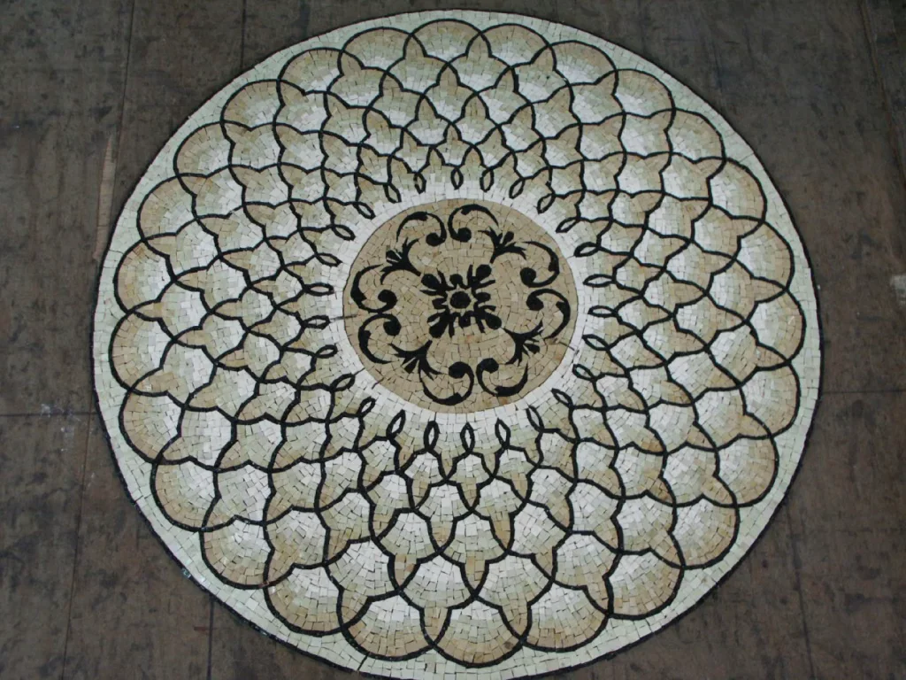 Scallop Field mosaic pool medallion, Cream stone, hand-cut stone — reference M-08, Mosaiclegs Art Studio