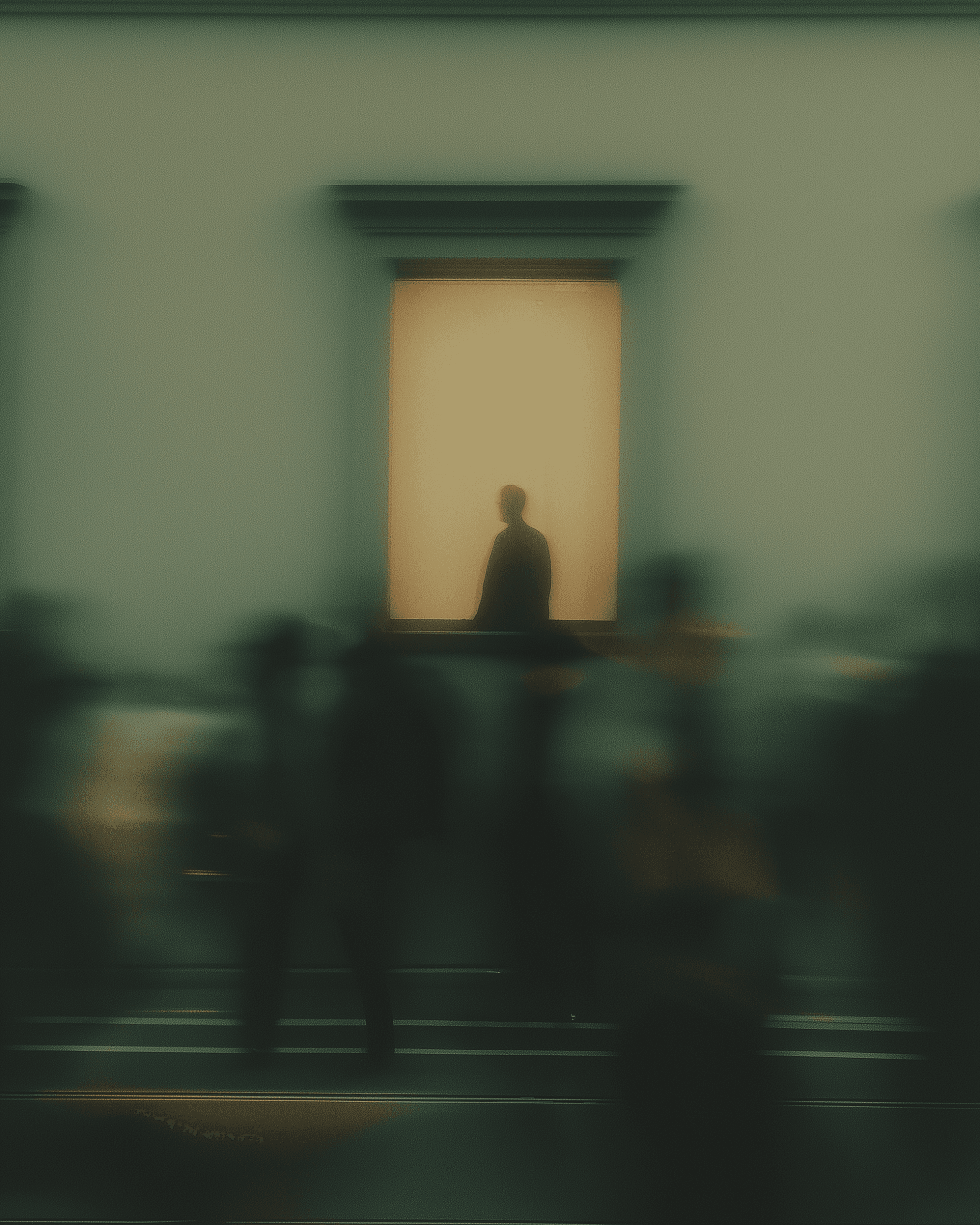 Silhouette of a person in a brightly lit window at night, with blurred figures in the foreground and moody cinematic lighting creating a mysterious urban atmosphere.