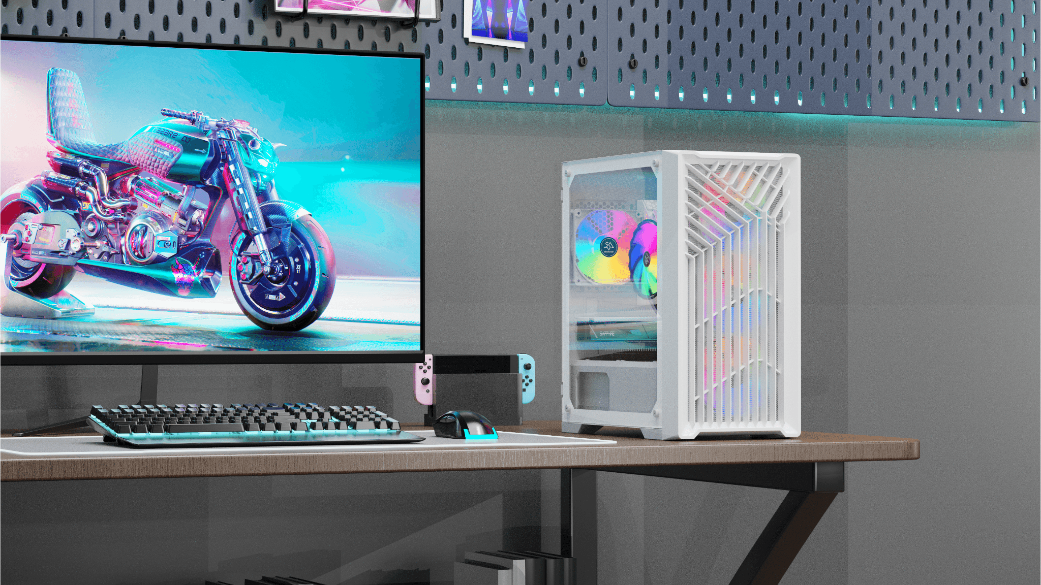 A modern gaming setup featuring a white PC tower with RGB lights, a large monitor displaying a futuristic motorcycle in a vibrant digital scene, a backlit keyboard, and a Nintendo Switch console on the desk, creating an immersive gaming environment.