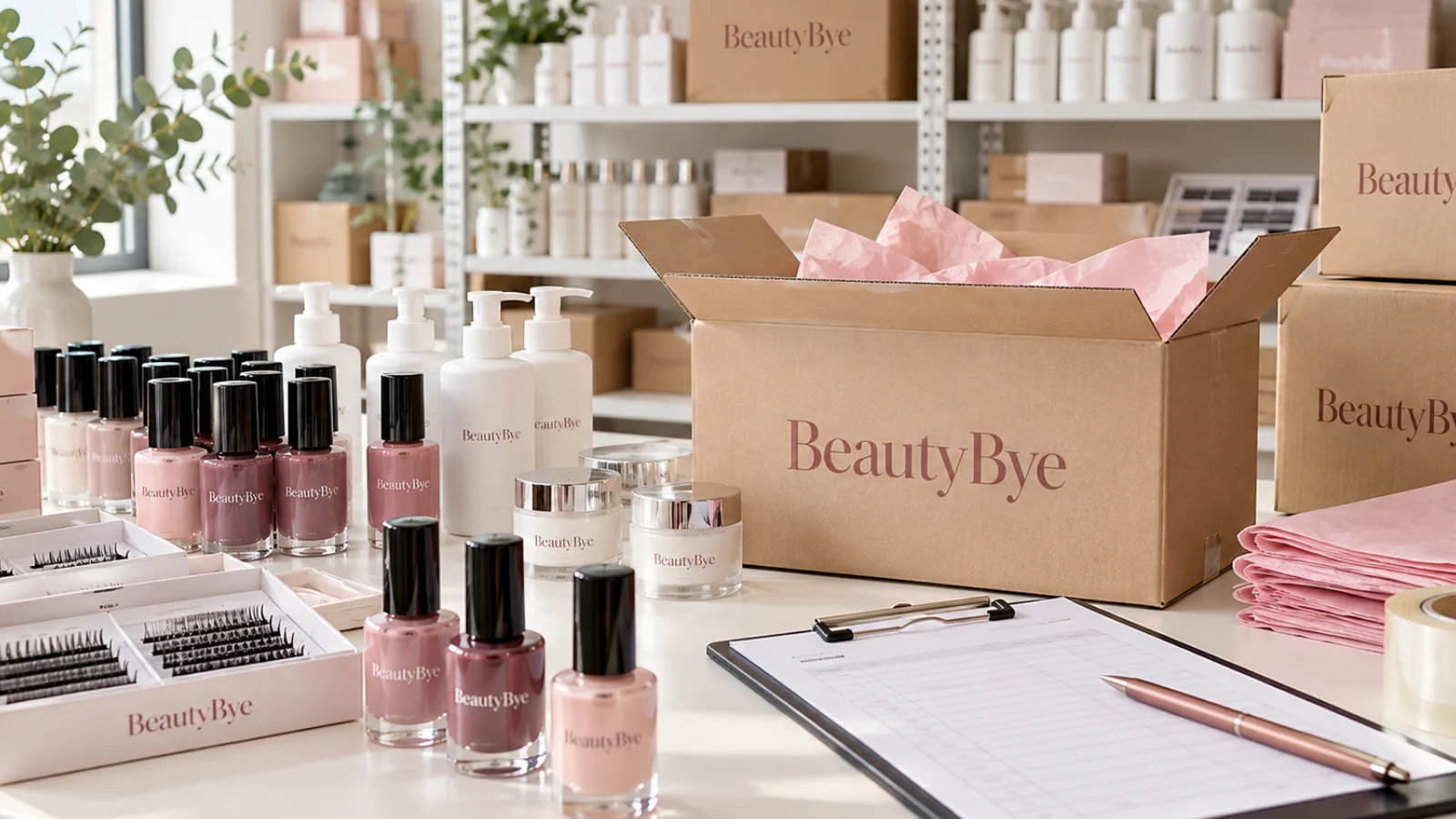 BeautyBye salon stock, lash trays and packing boxes arranged for resale