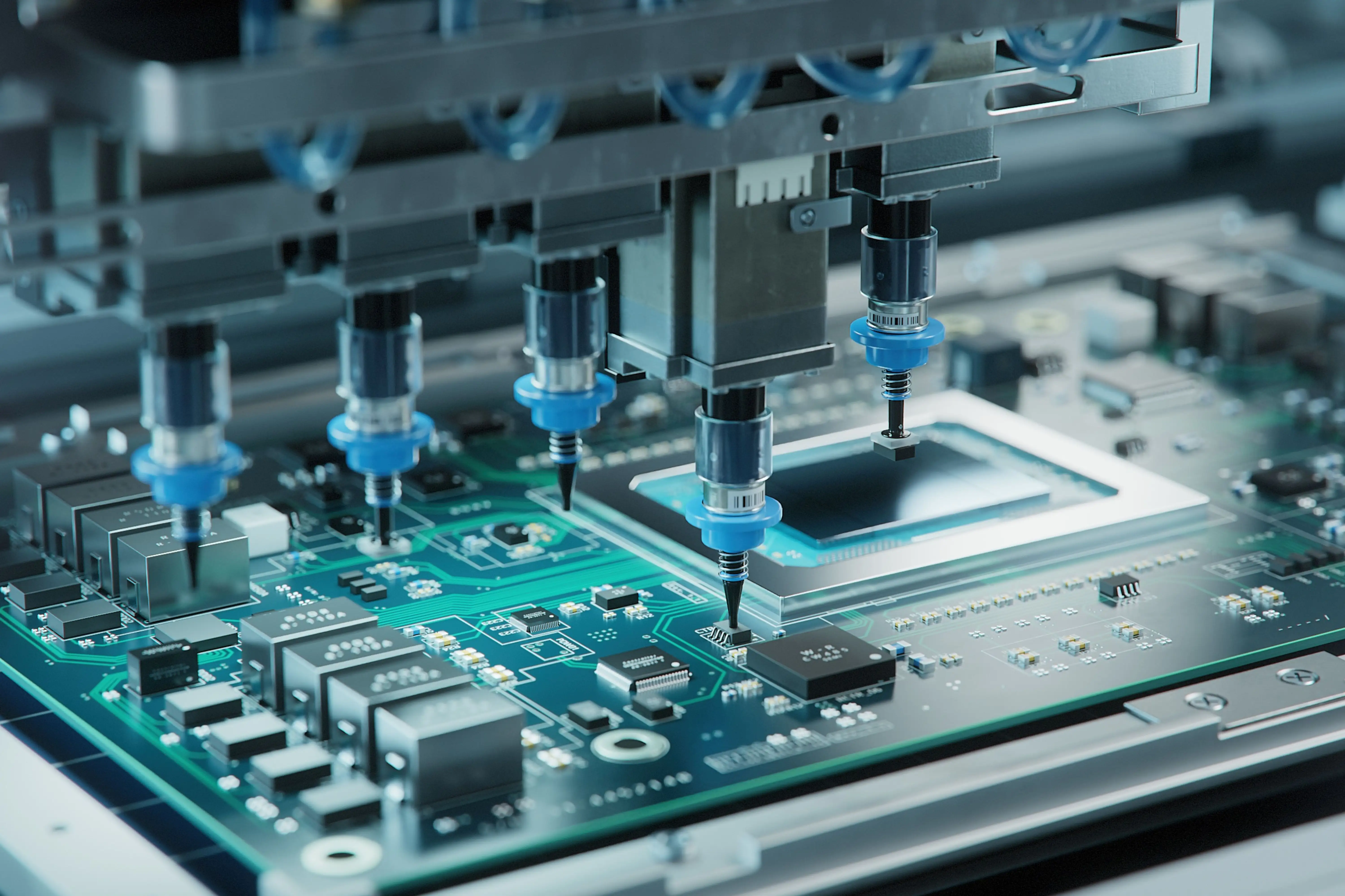 Close-up of automated machine placing components on a circuit board
