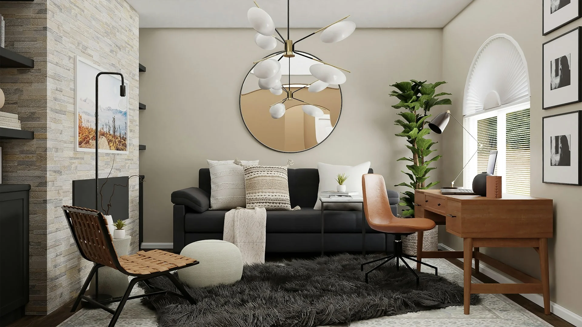 Stylish home office corner with a black sofa, wooden desk, modern lighting, and indoor plants.