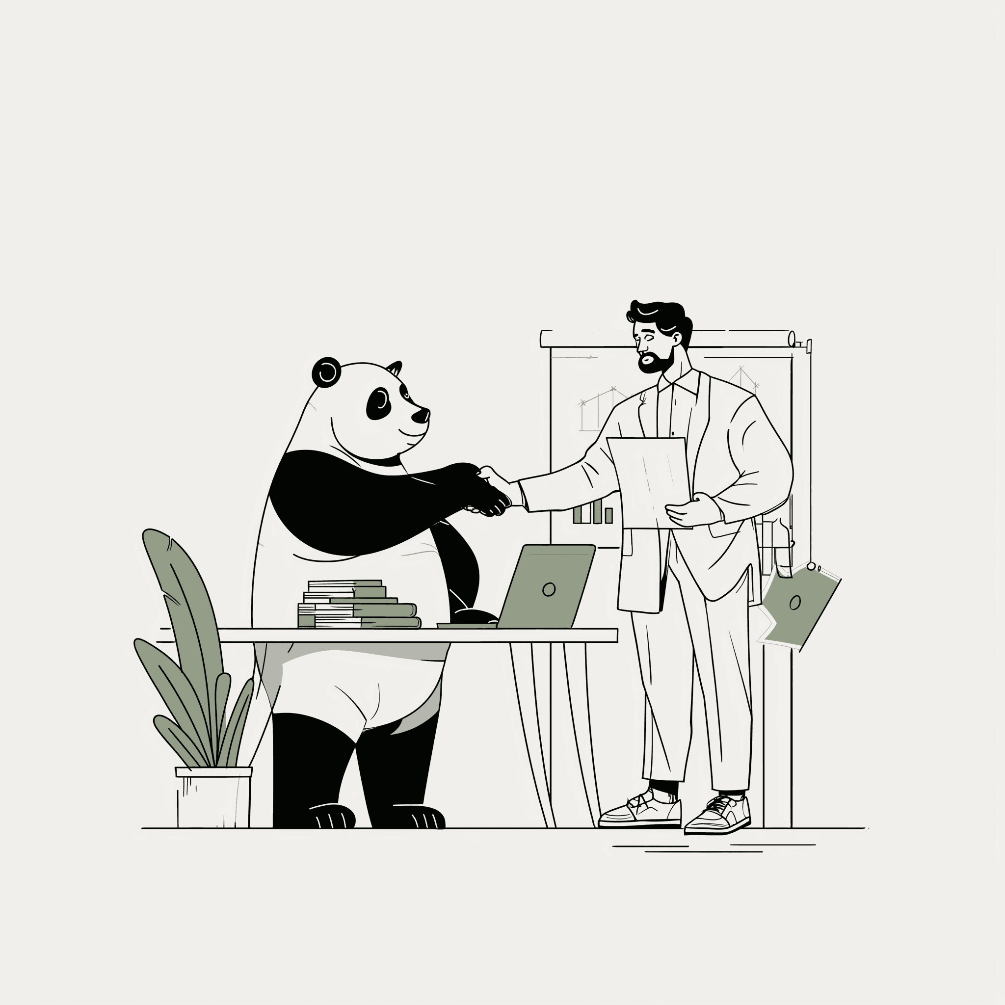 Illustration of the Morevy panda shaking hands with a business owner at a desk