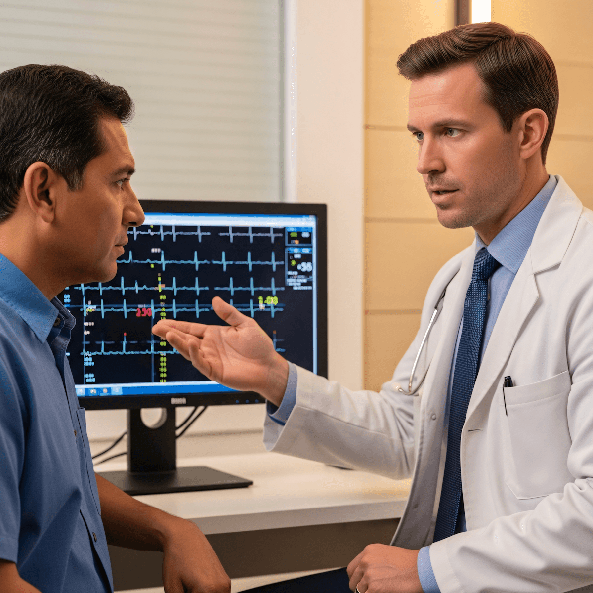 A doctor discusses an ECG result with a patient in a medical office, emphasizing a professional and attentive healthcare setting.