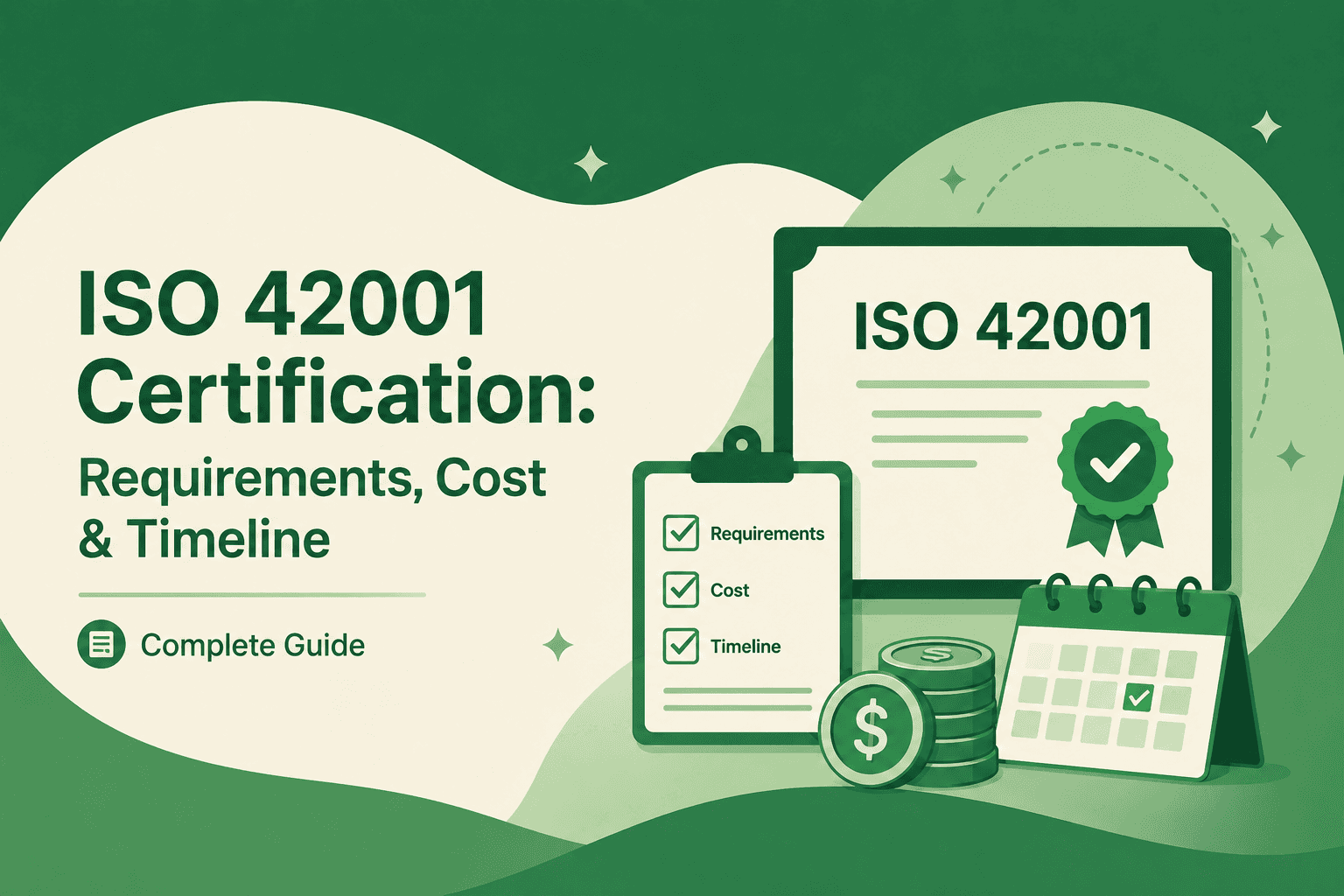 ISO 42001 certification requirements, cost, and timeline overview graphic