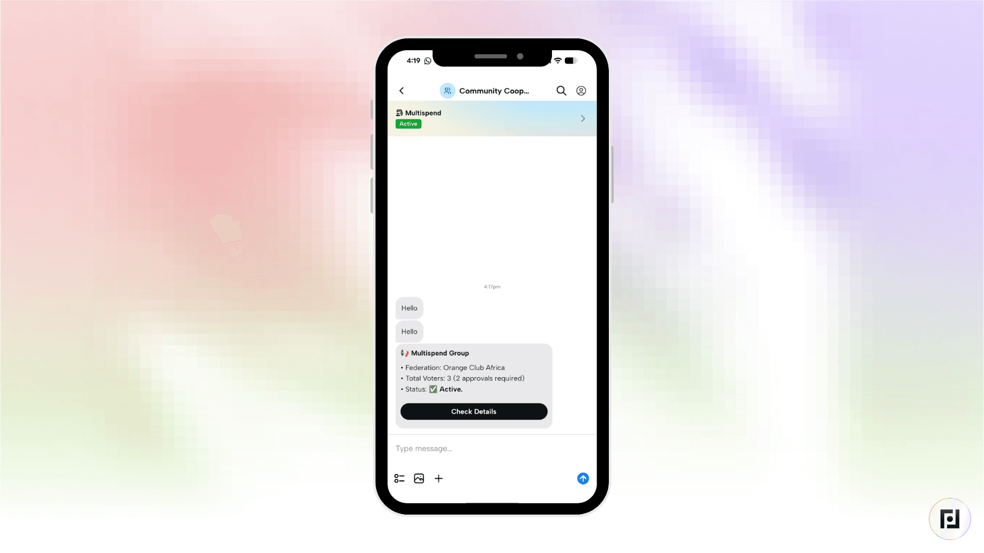 O chat em grupo do aplicativo Fedi exibe uma barra de status verde indicando que o Multispend está ativado para o grupo da Cooperativa Comunitária