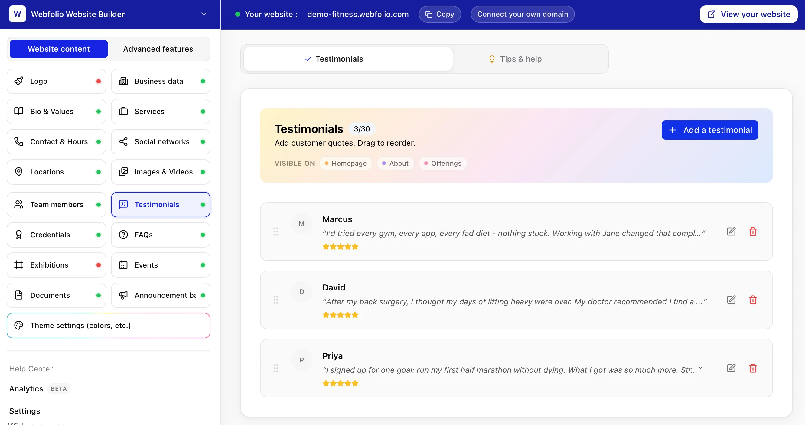 Screenshot fo the testimonials management page of the dashboard