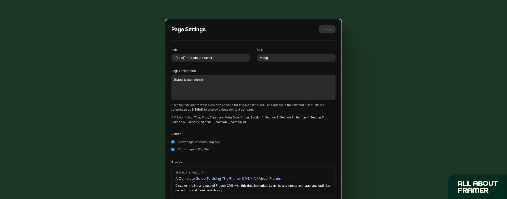 Page settings for Framer