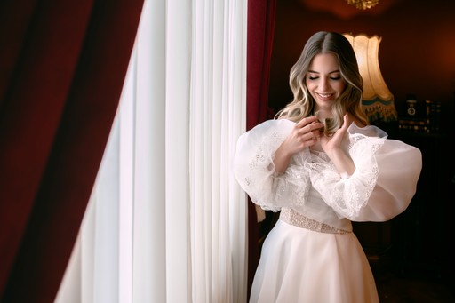 Mireasă în rochie albă cu mâneci bufante, privind în jos în lumină difuză — fotograf nuntă București emoții