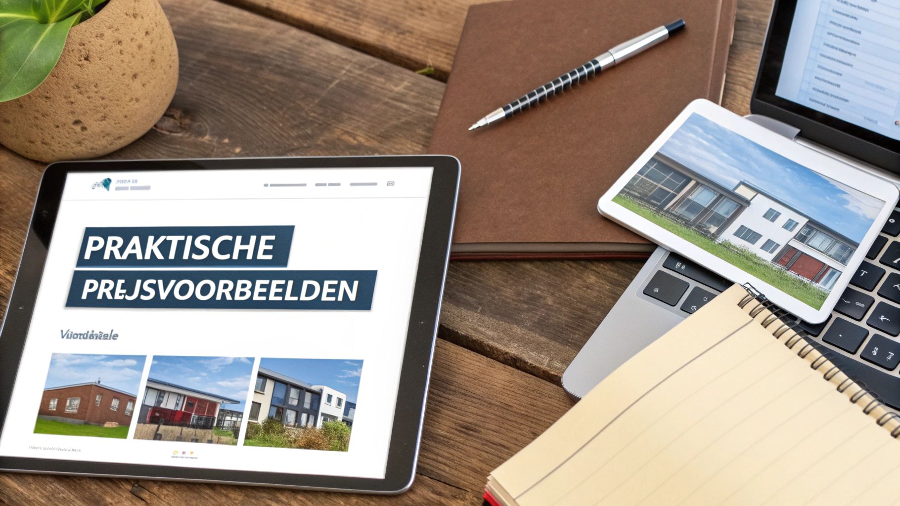 Tablet toont website met praktische prijsvoorbeelden van huizen, op een houten bureau met laptop en notitieblok.