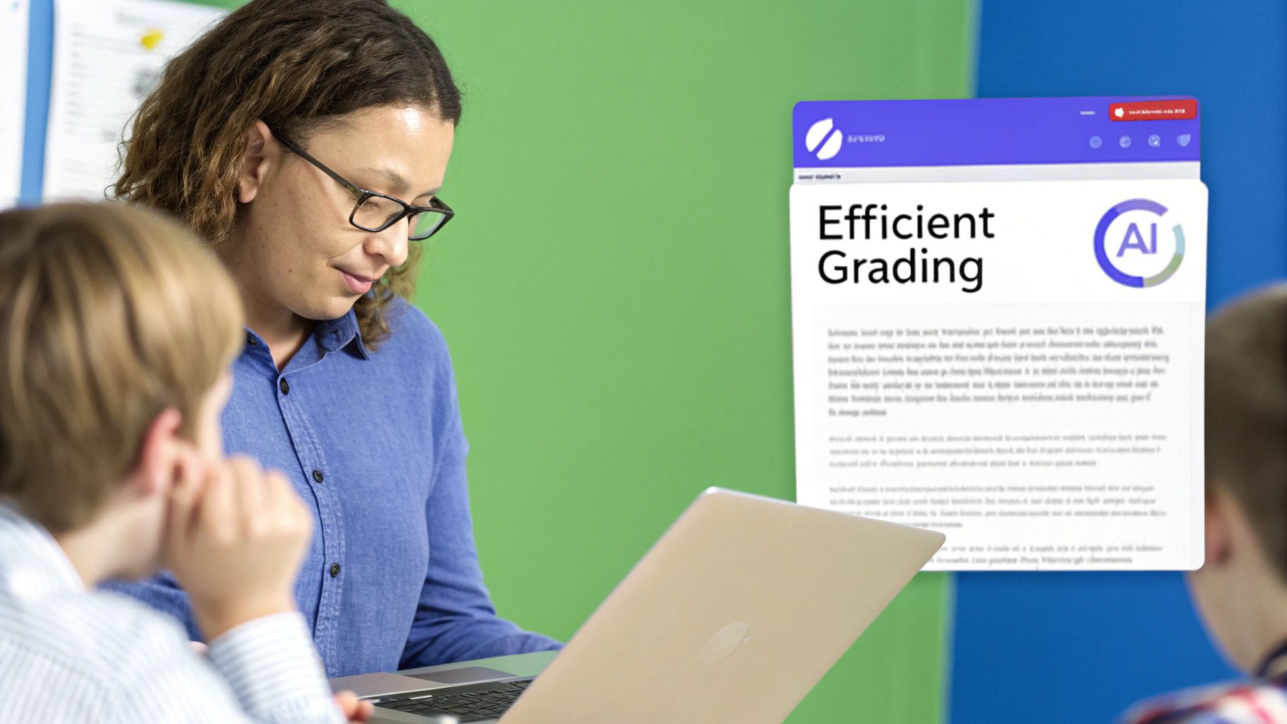 A teacher using a laptop with the GradeWithAI interface, looking relieved and focused.