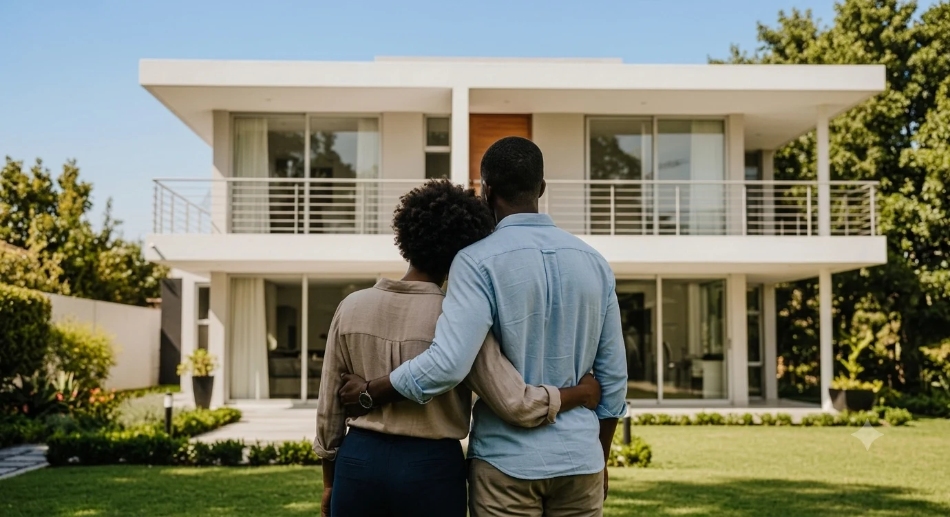 a black couple stands in from of their newly aquired home