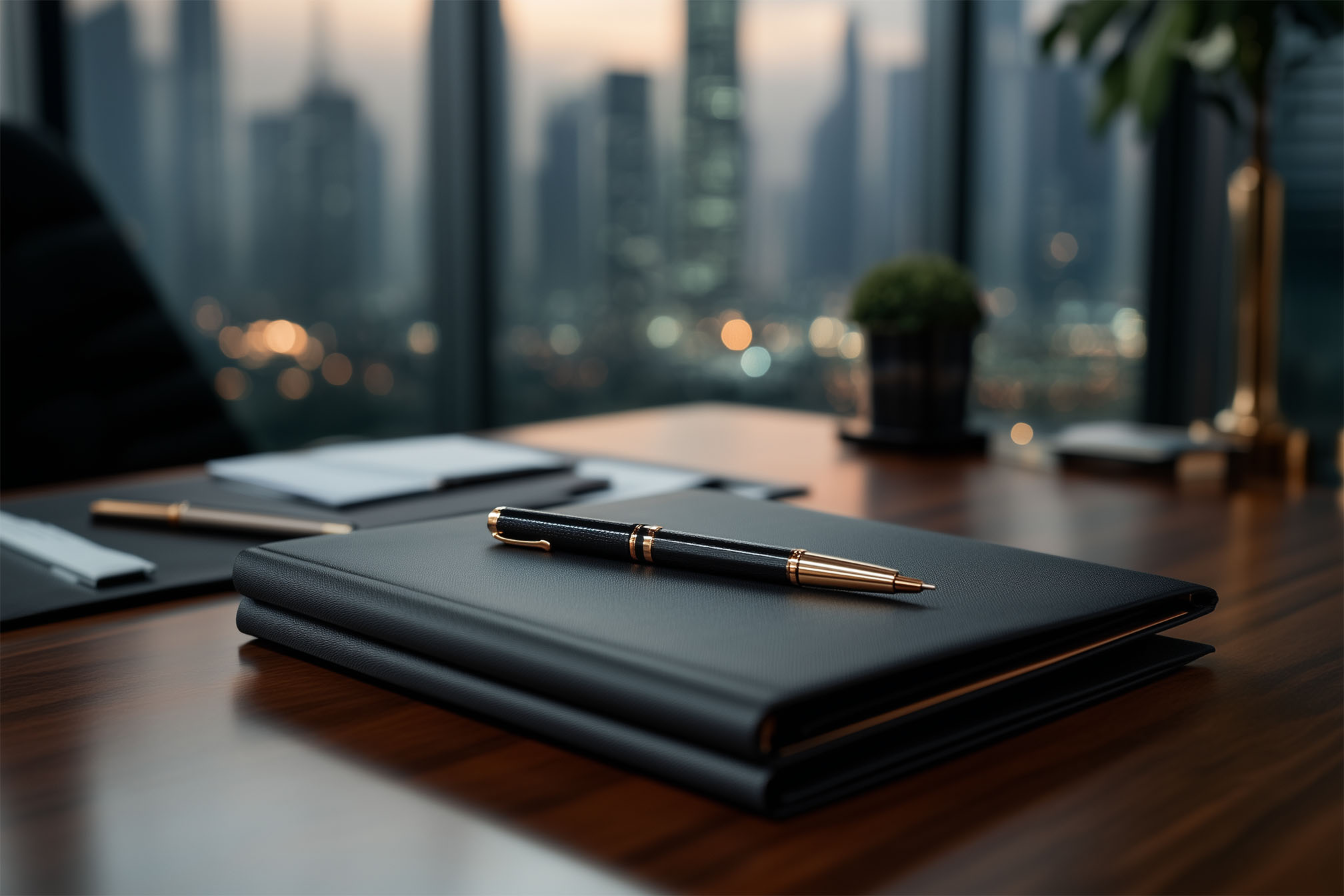 Siyah deri defter ve kalem, masada, arka planda şehir manzarasıyla birlikte yer alıyor.