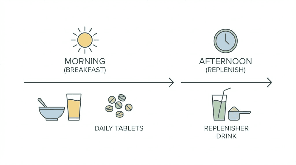 Replenza GLP-1 supplement daily schedule showing optimal timing for tablets and powder