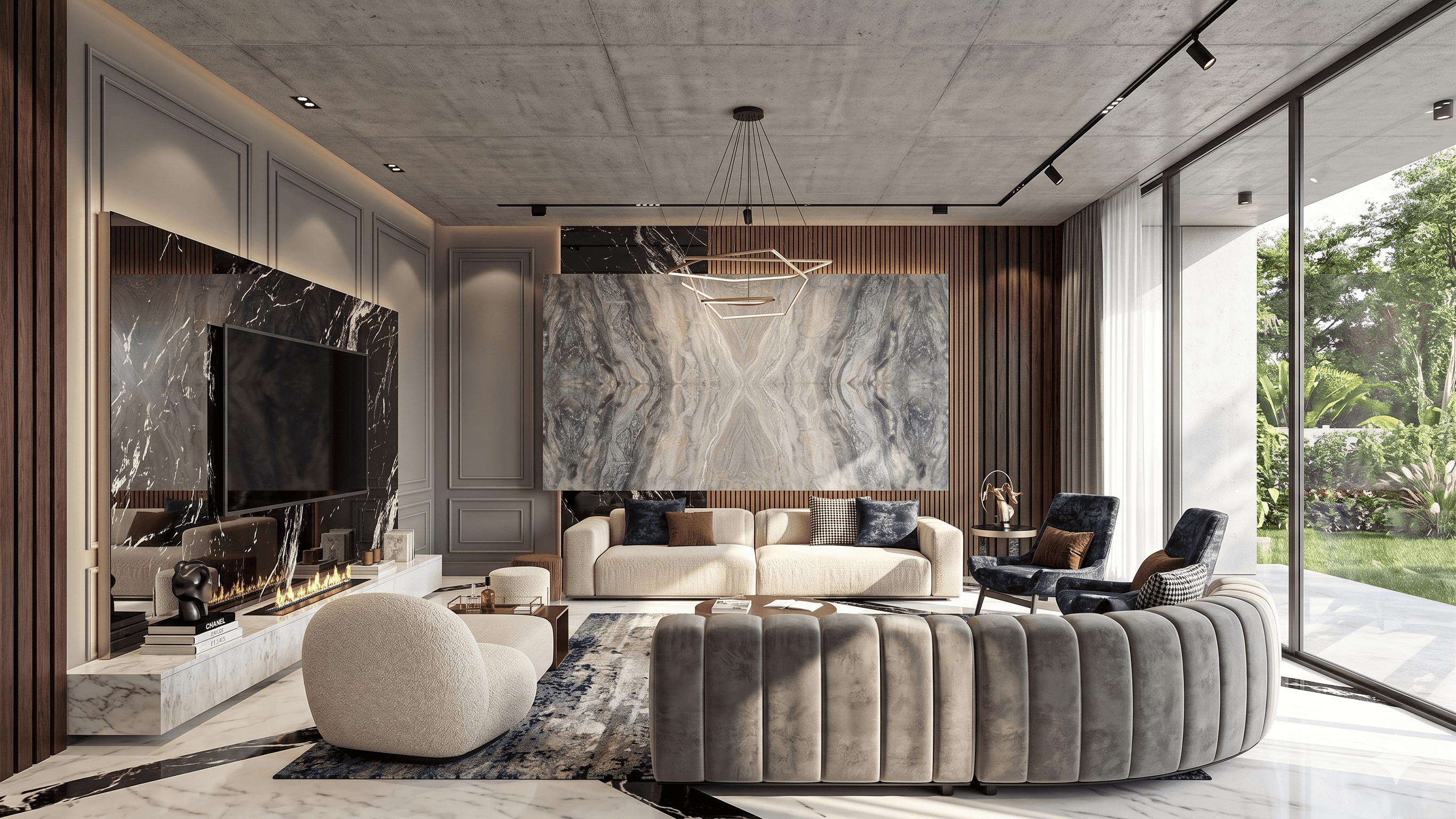 A modern, expertly styled living room featuring curated furniture and lighting, representing ThePackengers' ability to manage complex multi-supplier collections for interior design installations.