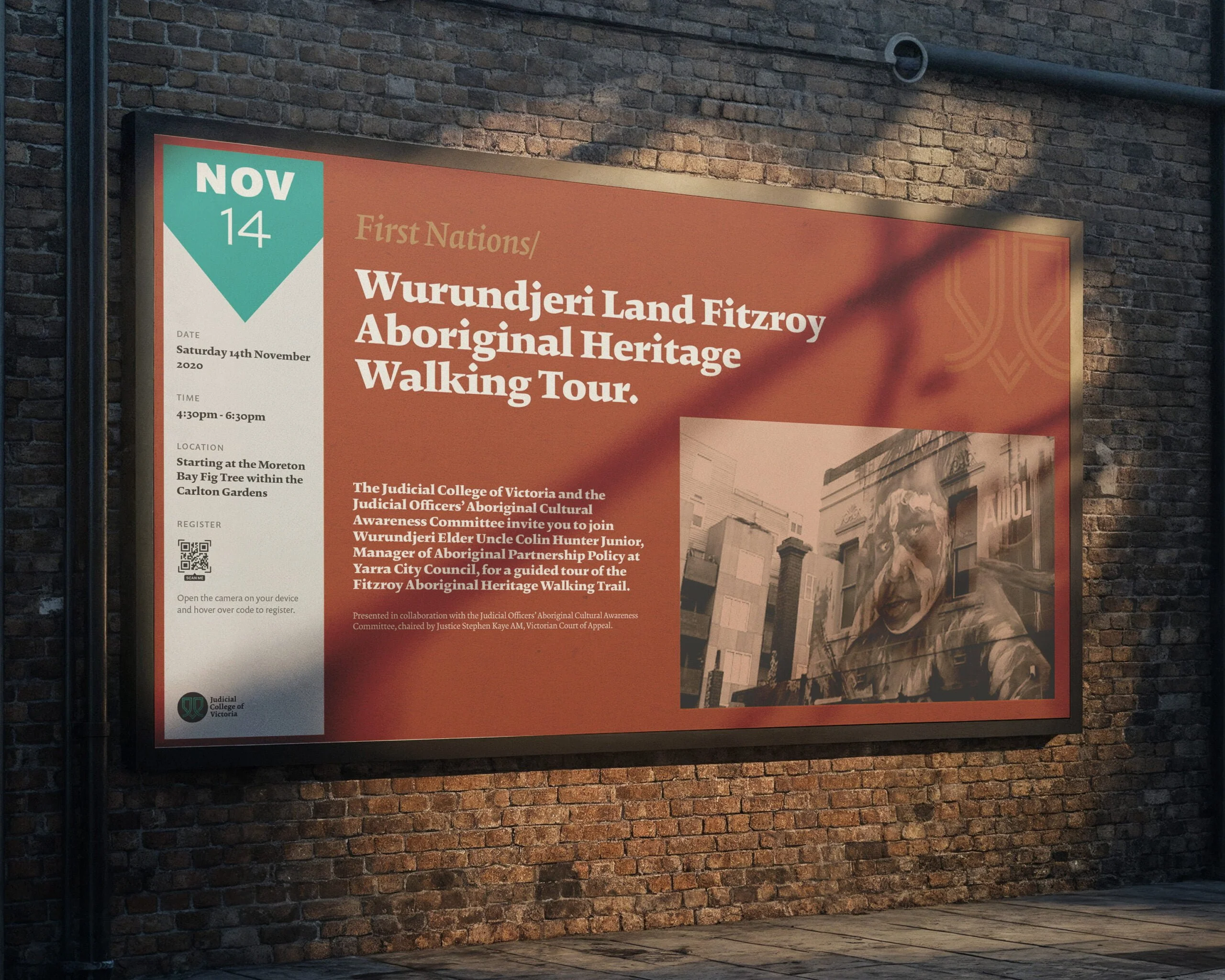 Judicial College of Victoria poster for the Wurundjeri Land Fitzroy Aboriginal Heritage Walking Tour, 14 November