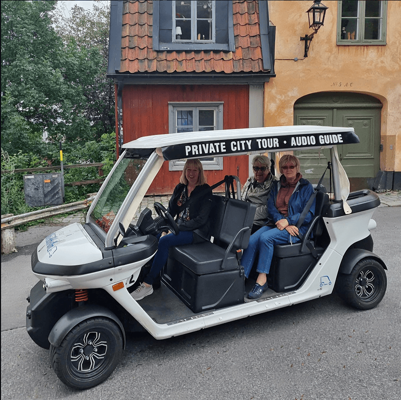 Tourists exploring Stockholm during private electric sightseeing cart tour