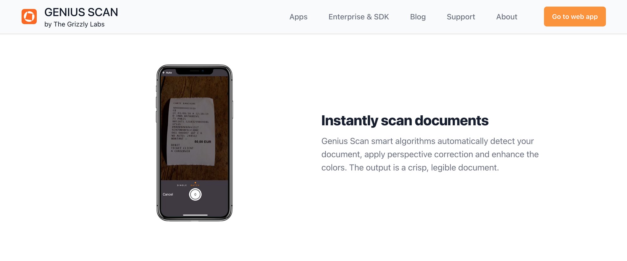 A smartphone app, Genius Scan, displays a receipt being scanned, alongside descriptive text on a website.