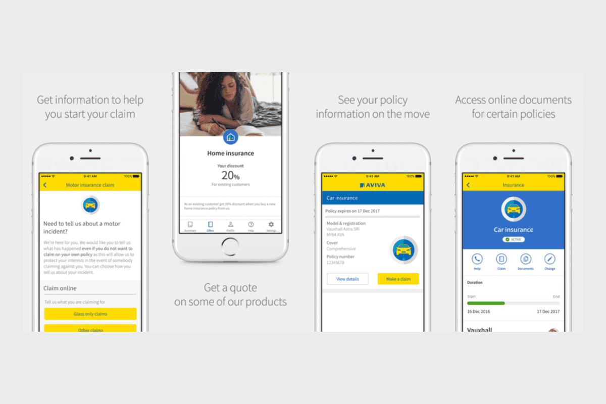Aviva's app screenshots with feature description on the key screens