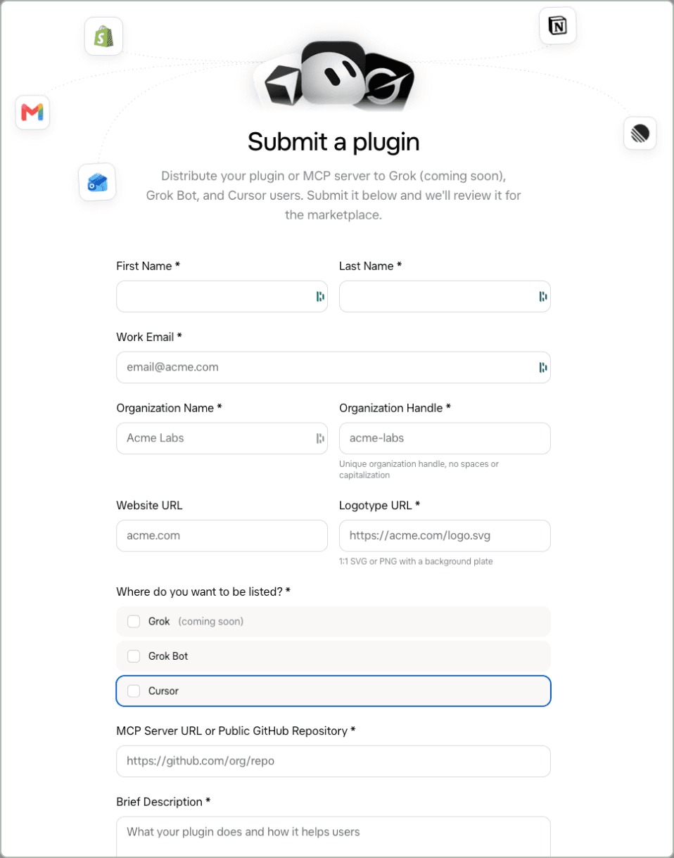 Screenshot of xAI's Submit a plugin form, with fields for name, work email, organization, logo URL, where to be listed and the MCP server URL.