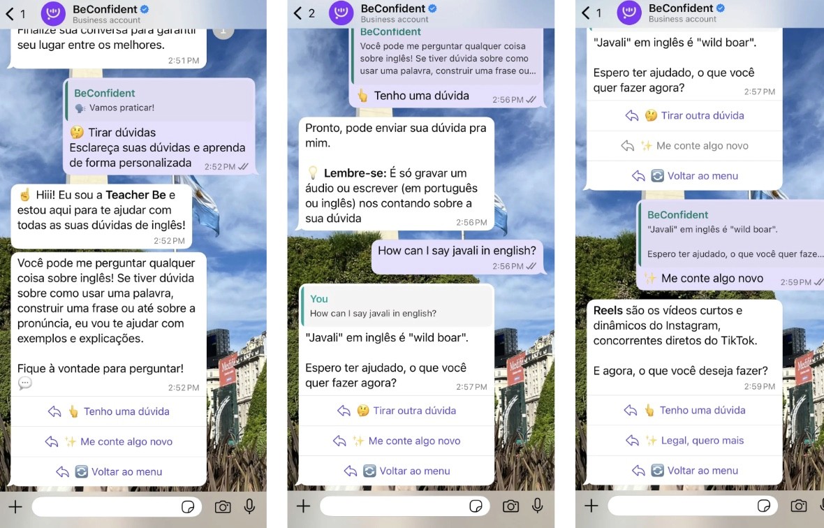 Funcionalidades da BeConfident pelo WhatsApp: Tenho Uma Dúvida ou Me Conte Algo Novo com a Teacher Be
