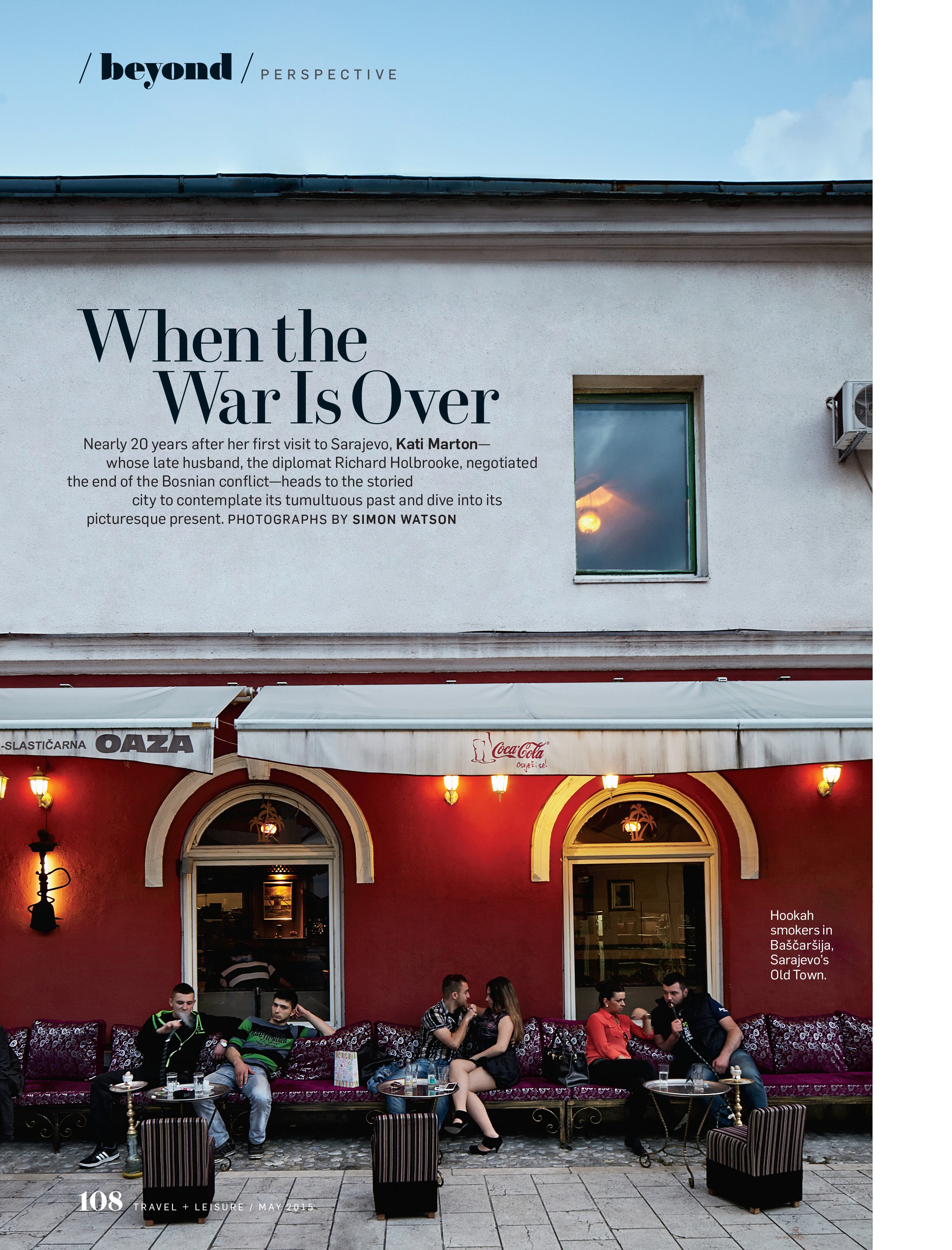 A layout featuring a city scene in Sarajevo, showcasing the exterior of a bar with a few patrons.