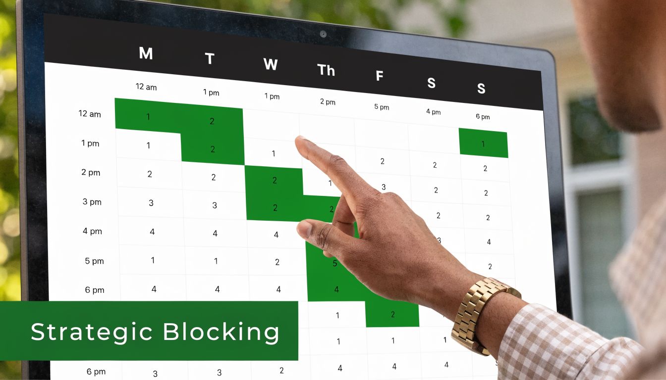 A person uses their finger to touch a digital calendar screen displaying a strategic time blocking schedule.