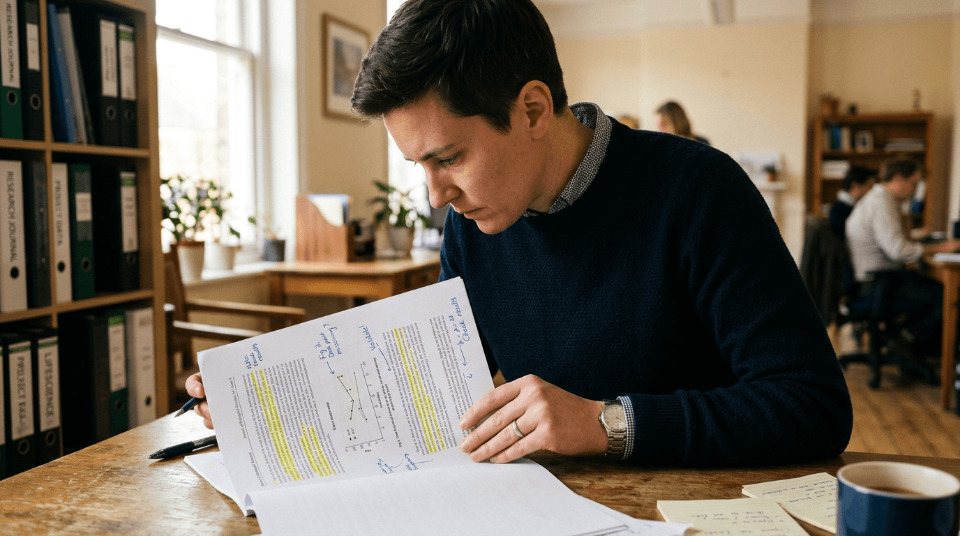 A pharmaceutical regulatory professional carefully reviewing and annotating a printed promotional materials document as part of the MLR review process