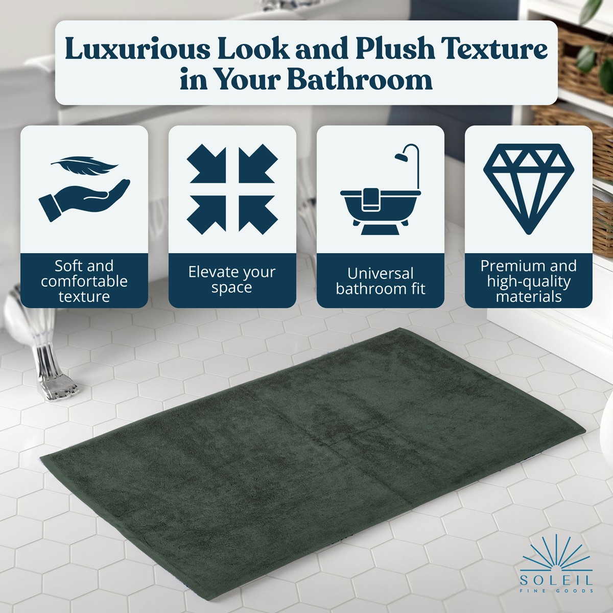 Amazon listing infographic detailing the features of a machine-washable forest green bath mat.