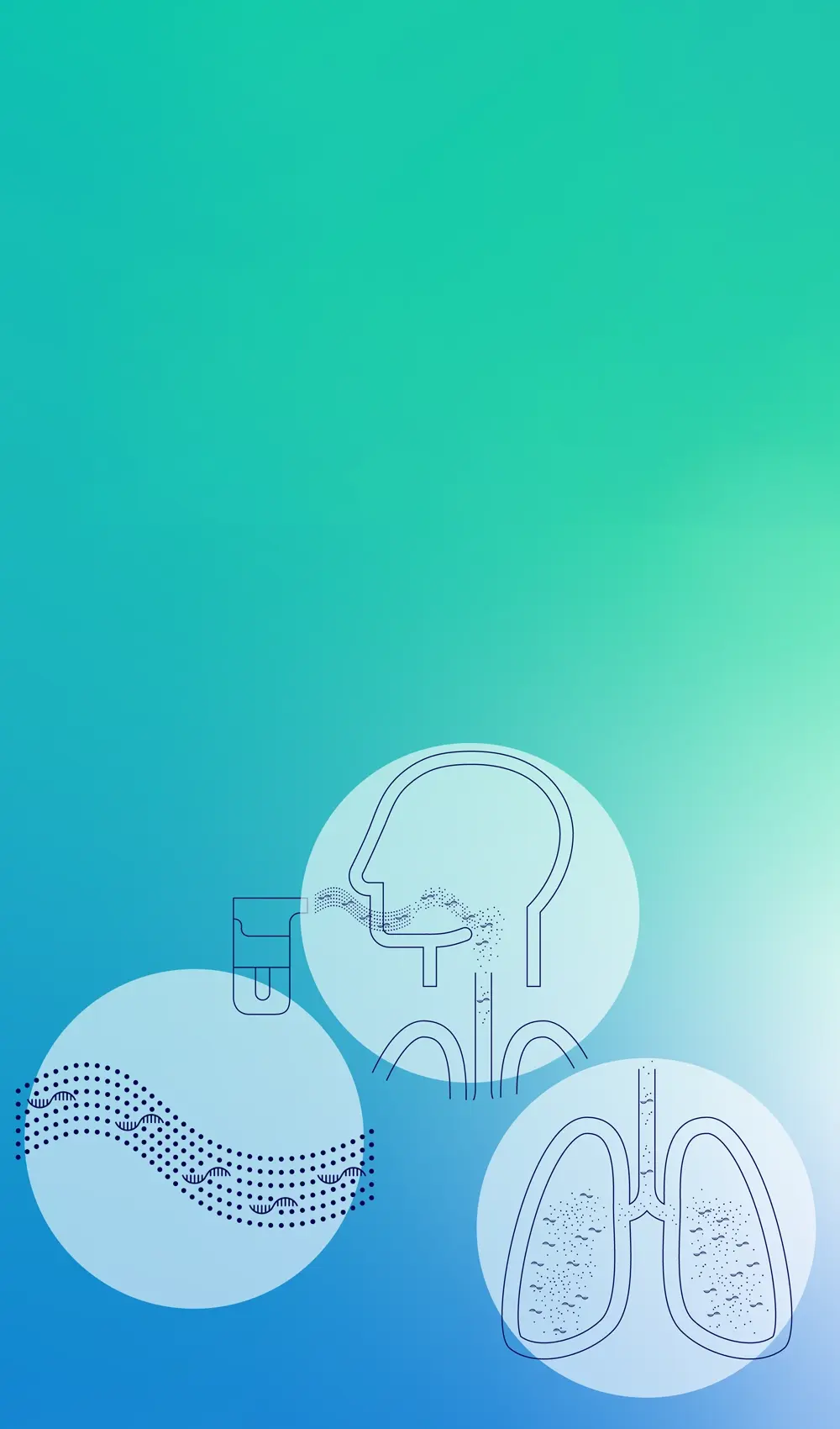 Blue and green gradient with floating circular graphics and subtle line illustrations