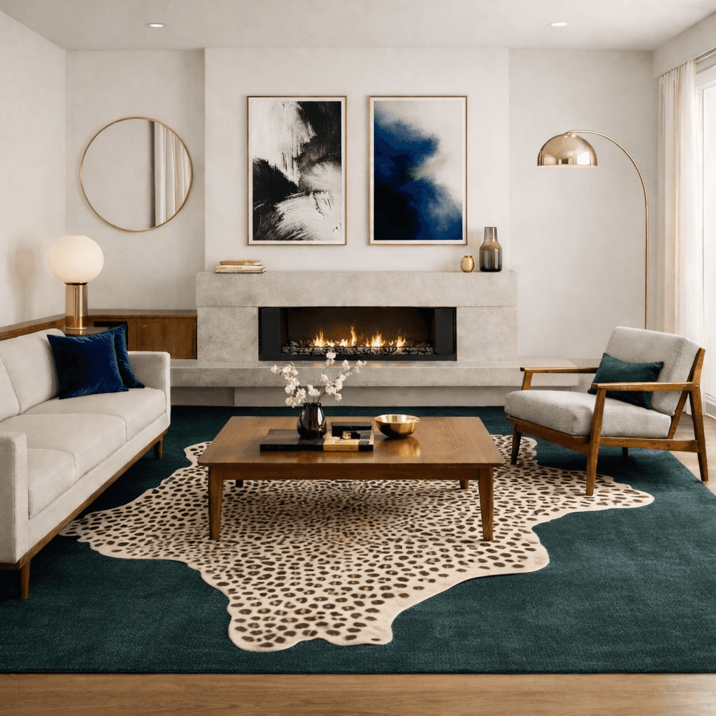 Mid-century modern glam living room with emerald green rug, walnut coffee table, brass arc lamp, abstract navy artwork, and neutral sofa styled around a modern linear fireplace.