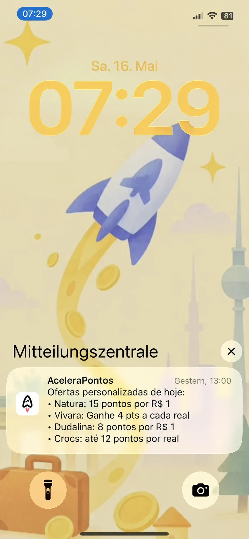 Notificação personalizada do AceleraPontos com a pontuação atual das lojas seguidas, incluindo a Crocs com até 12 pontos por real.