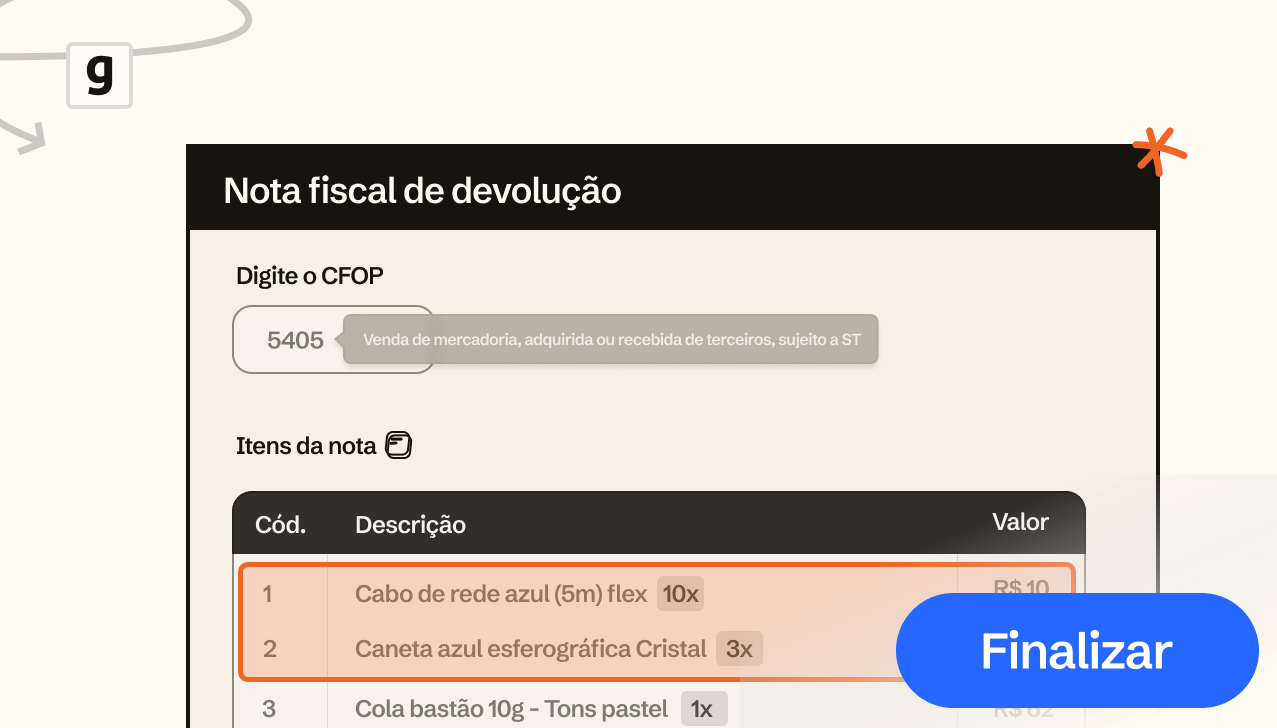 Tela de nota fiscal de devolução no sistema Gsoft. Mostra um campo para digitar o CFOP (5405).