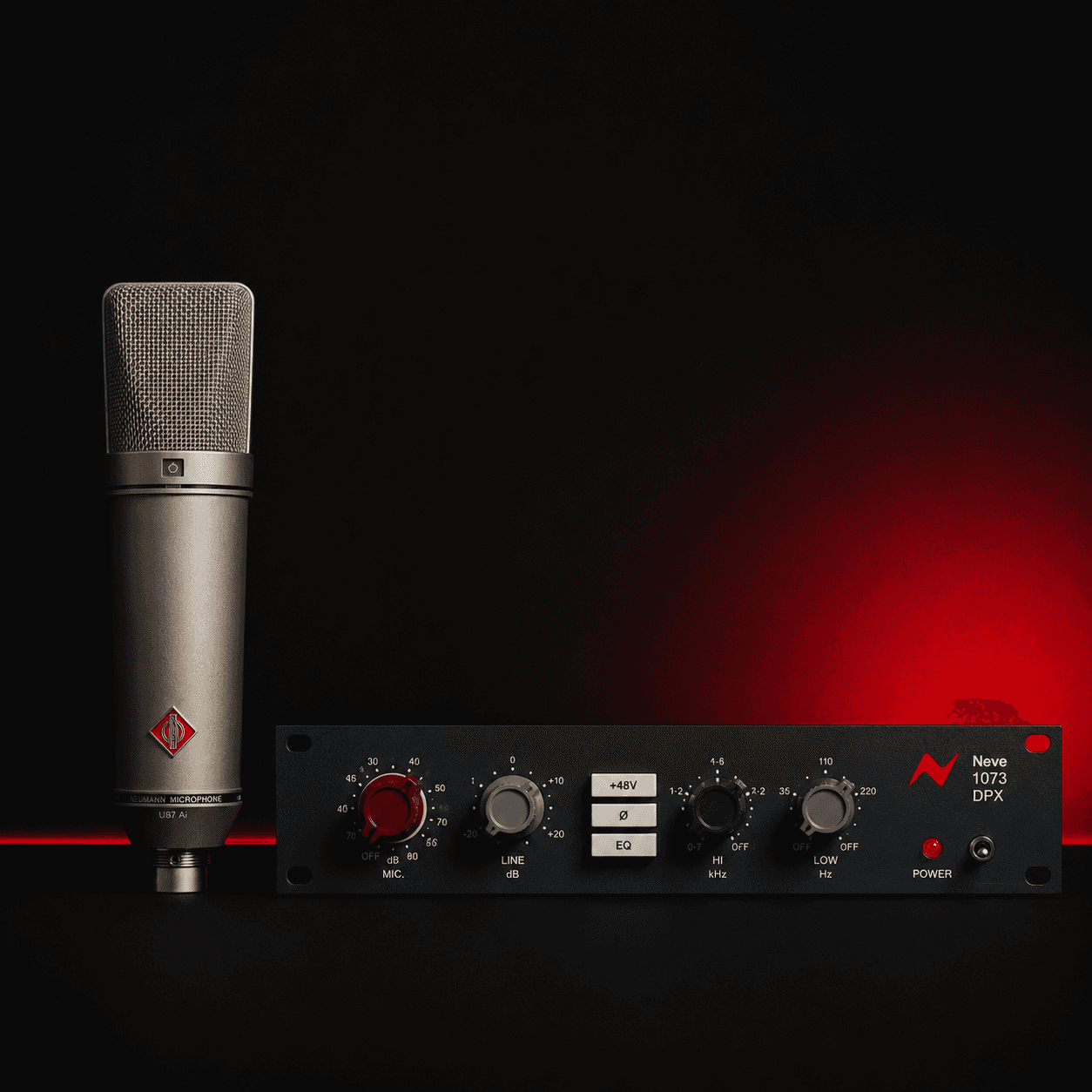 Close-up of a premium condenser studio microphone paired with a classic microphone preamp in a professional recording environment. Black and red minimalist background highlights high-end audio recording equipment commonly used for vocal recording, music production, podcast creation, voice-over work, and professional studio sessions.