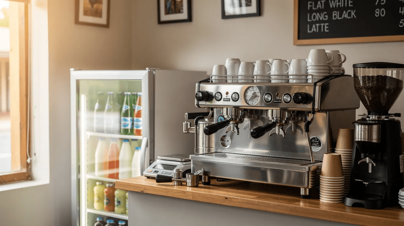 The image depicts the cozy interior of a small Australian café, featuring a sleek espresso machine, a well-stocked refrigerator, and various counter equipment essential for daily operations. This inviting space highlights the importance of business asset finance for small businesses, showcasing how essential equipment contributes to cash flow and operational efficiency.