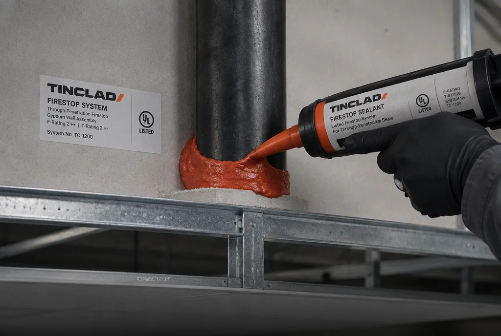 Pipe penetration sealed with a listed firestop system and labeled by Tinclad.