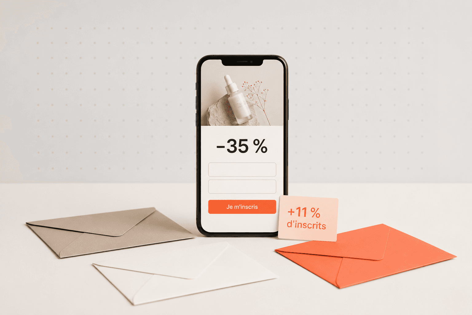 Pop-up Klaviyo d'inscription sur smartphone : offre −35 %, champs et bouton Je m'inscris, étiquette +11 % d'inscrits, entourée d'enveloppes symbolisant les emails déclenchés