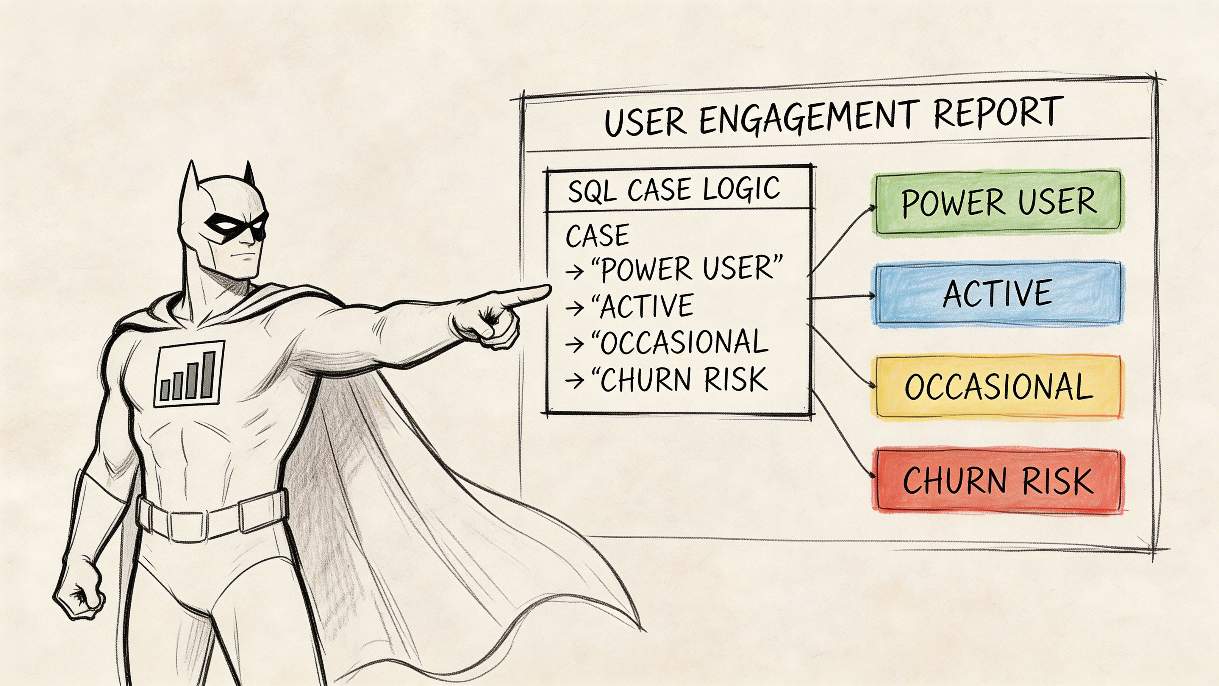 A superhero pointing at a chart explaining user engagement SQL case statement logic with four categories.