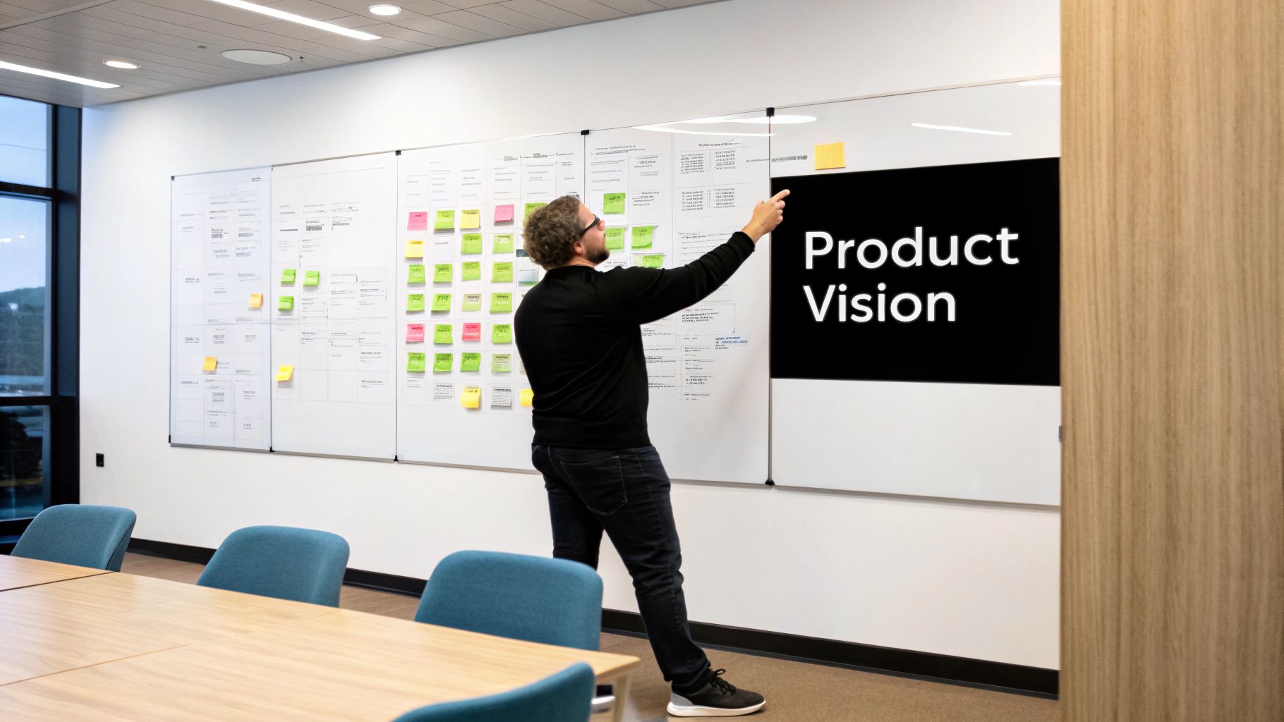 A man in a modern office points at a large whiteboard displaying a 'Product Vision' and sticky notes.