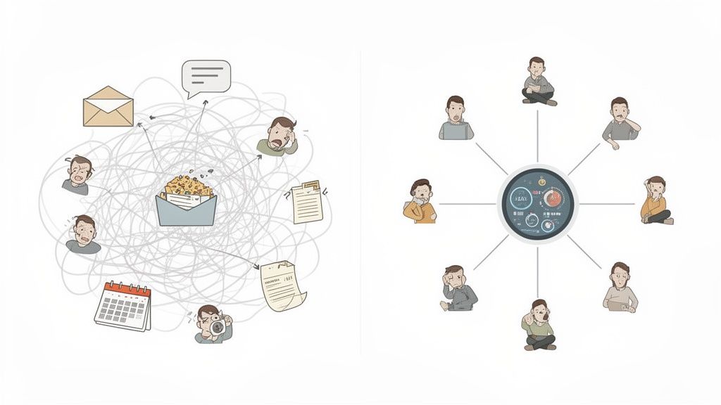 Illustration contrasting chaotic information overload with a calm, organized central communication system.