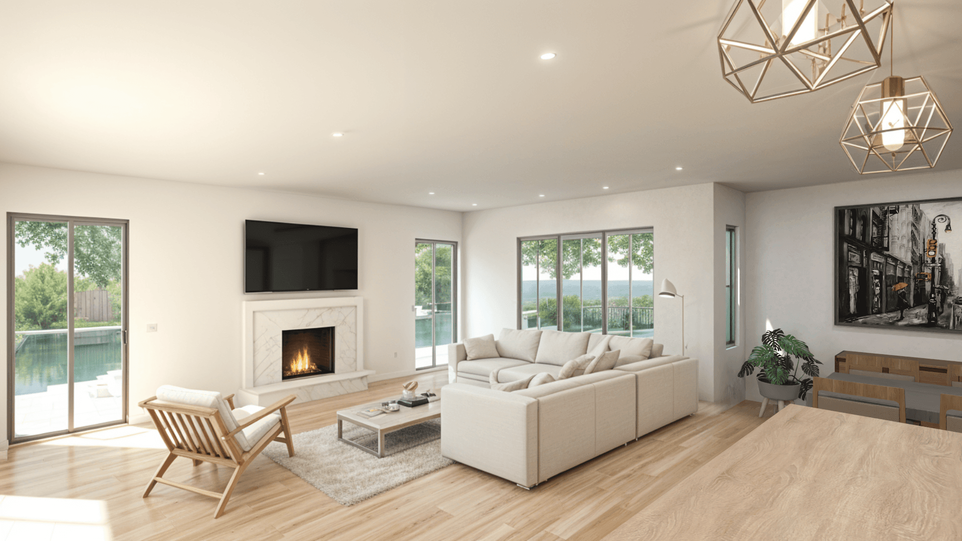 Spacious living room with contemporary decor, neutral tones, and natural lighting from multiple large windows overlooking the outdoor space.