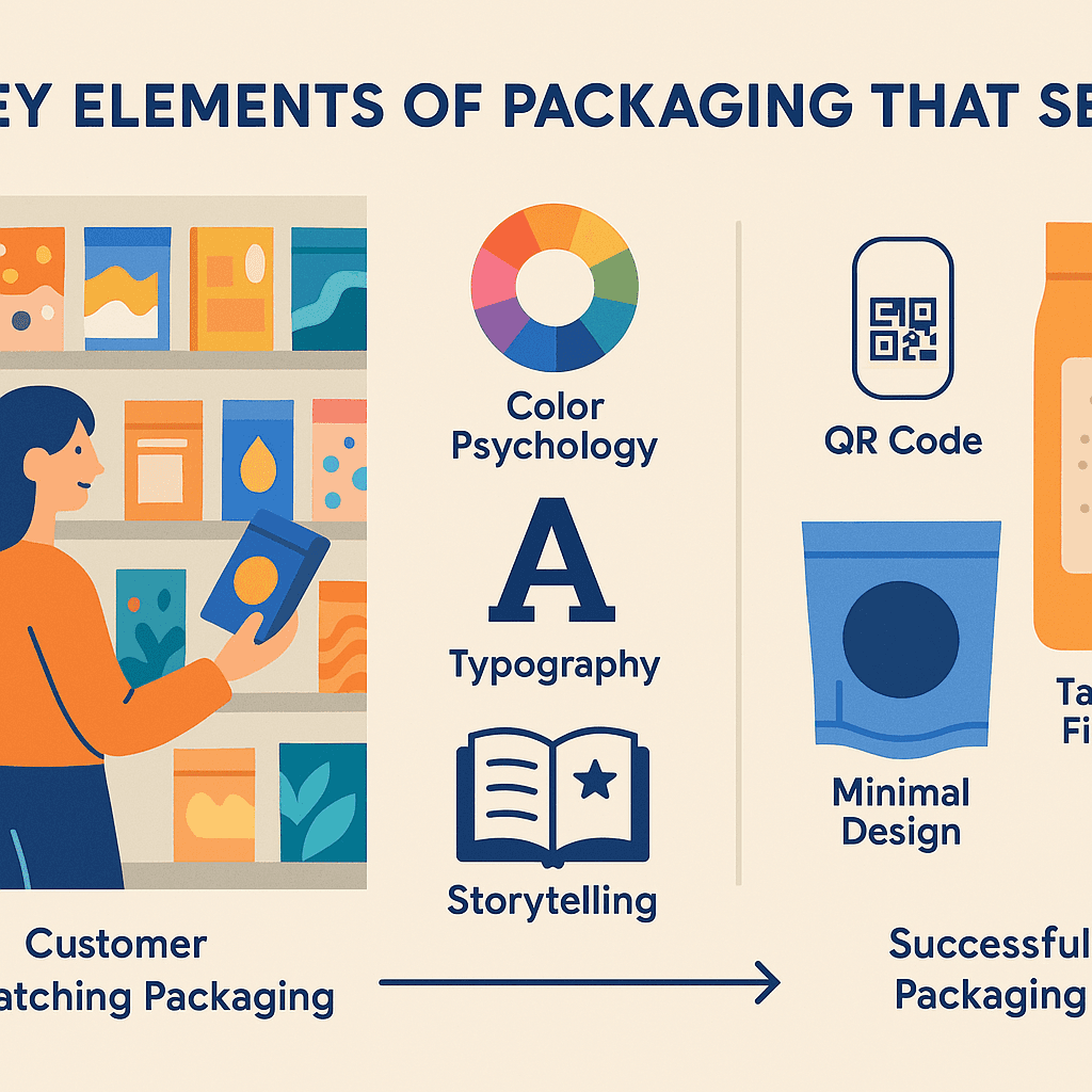 A landscape-oriented infographic illustrating the key elements of packaging that sells. On the left, show a customer browsing shelves with eye-catching packaging. In the center, highlight design principles like color psychology, typography, storytelling, and sustainability with visual icons. On the right, show successful packaging examples with features like QR codes, minimal design, and tactile finishes. The style should be clean, modern, and vibrant, with a clear left-to-right flow representing the packaging design journey from concept to shelf impact.