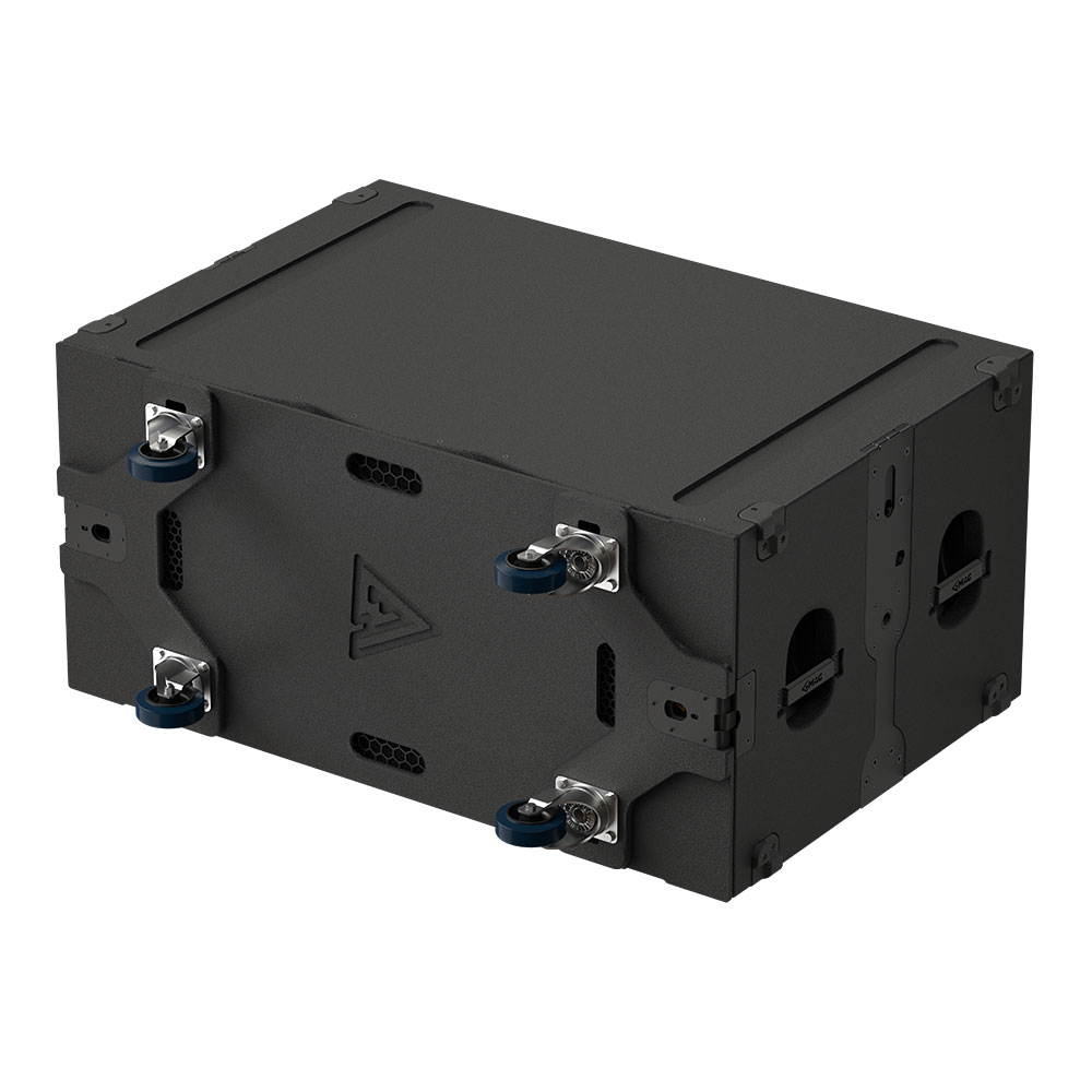 Black speaker cabinet with wheels
