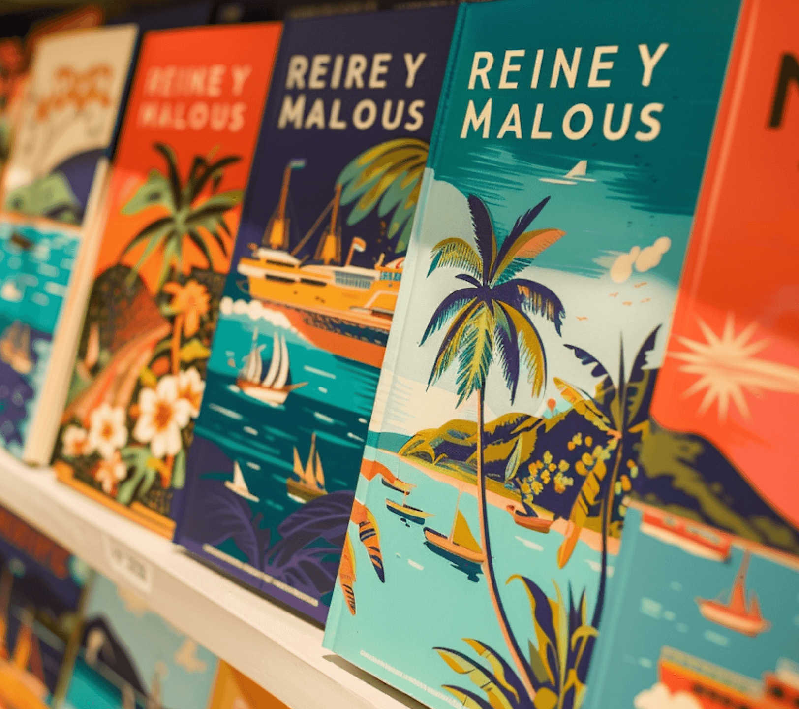A colorful display of travel-themed books showcases vibrant cover designs featuring tropical landscapes, palm trees, sailboats, and vivid sea scenes, capturing the essence of exotic destinations.