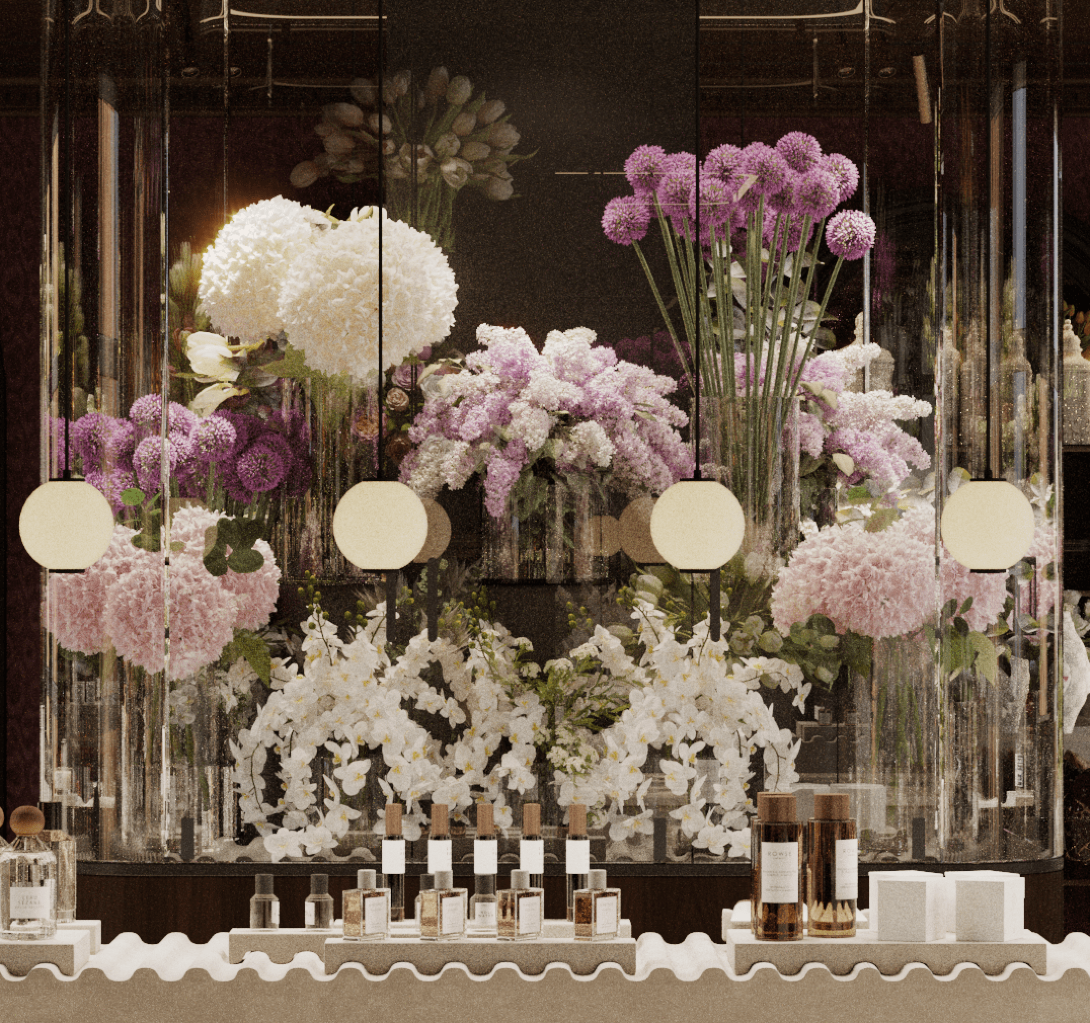 Elegant floral arrangement featuring an array of pink and white flowers in glass vases on a decorative table.
