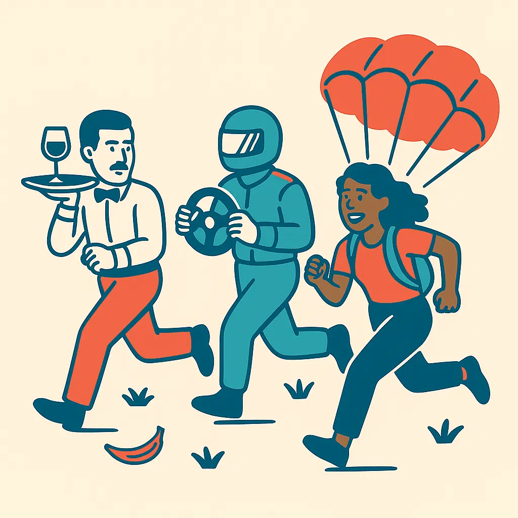 Trois participants en course lors des Olympiades loufoques team building La Jeance