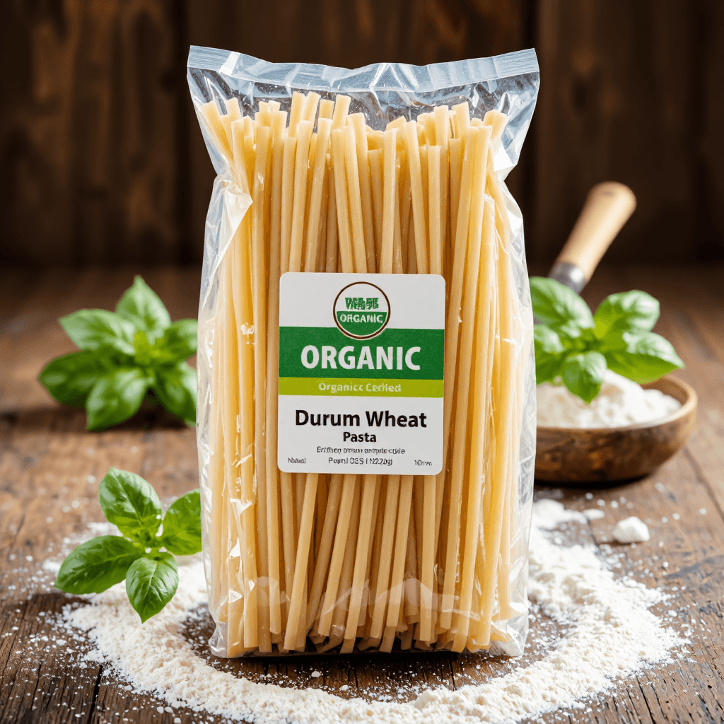 product photography of a package of organic durum wheat pasta