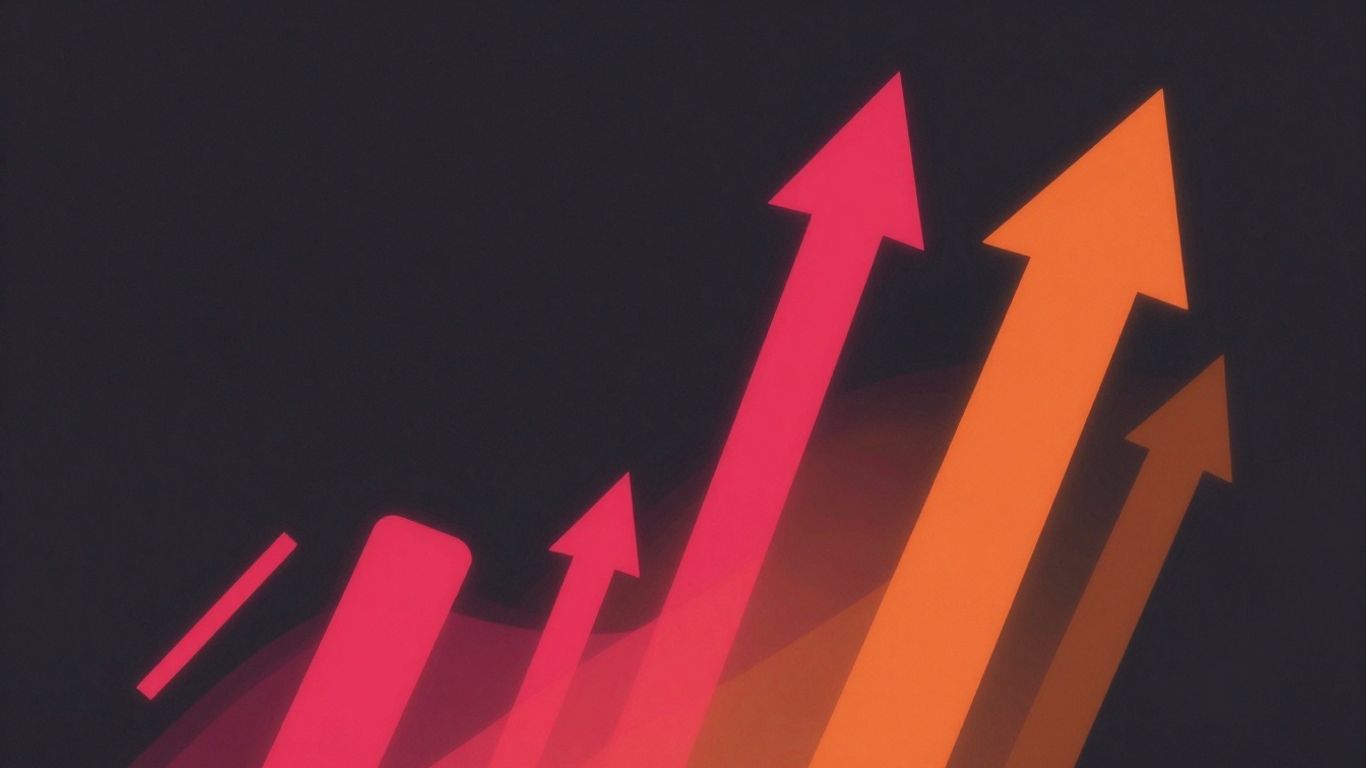 Crimson pink and burnt orange abstract shapes on charcoal background.